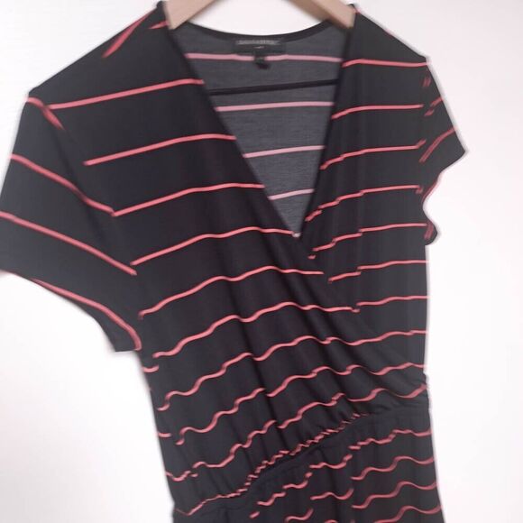 Banana Republic Womens Medium Black Pink Striped Short Sleeve Wrap V Neck Dress - Picture 2 of 8